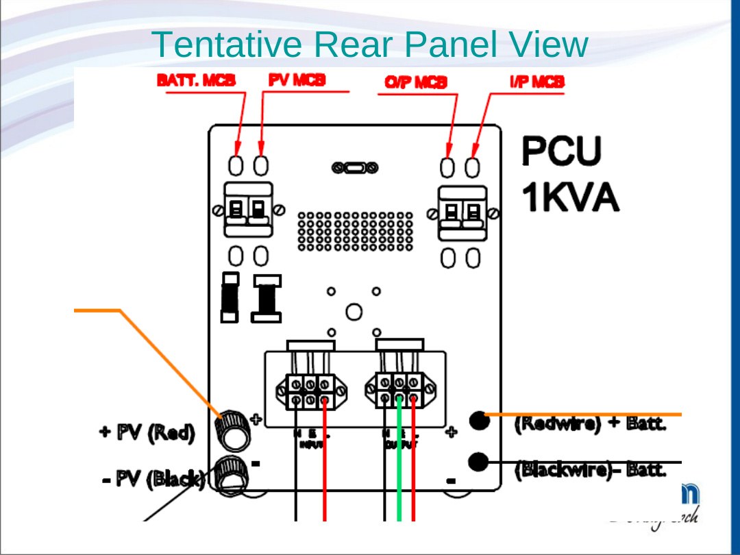 Tentative rear panel — Batt/PV/O/P/I/P MCBs, RS-232, PV and battery terminals